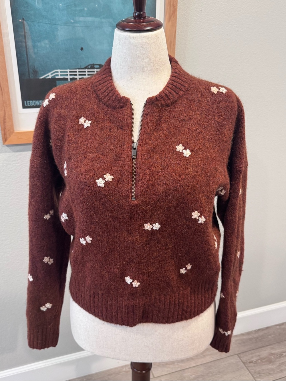 Madewell Rust Brown Brown Half-Zip Floral Embroidered Women's Sweater Medium